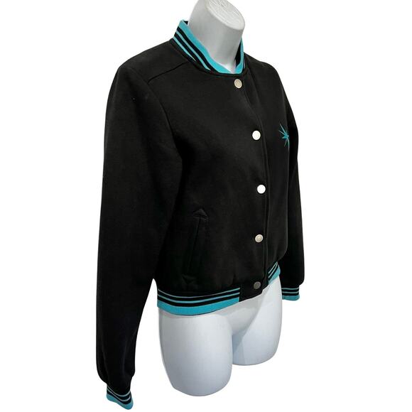 Collectif Black Blue Retro Snap Front Atomic Star Varsity Letter Jacket size XS - Picture 2 of 10